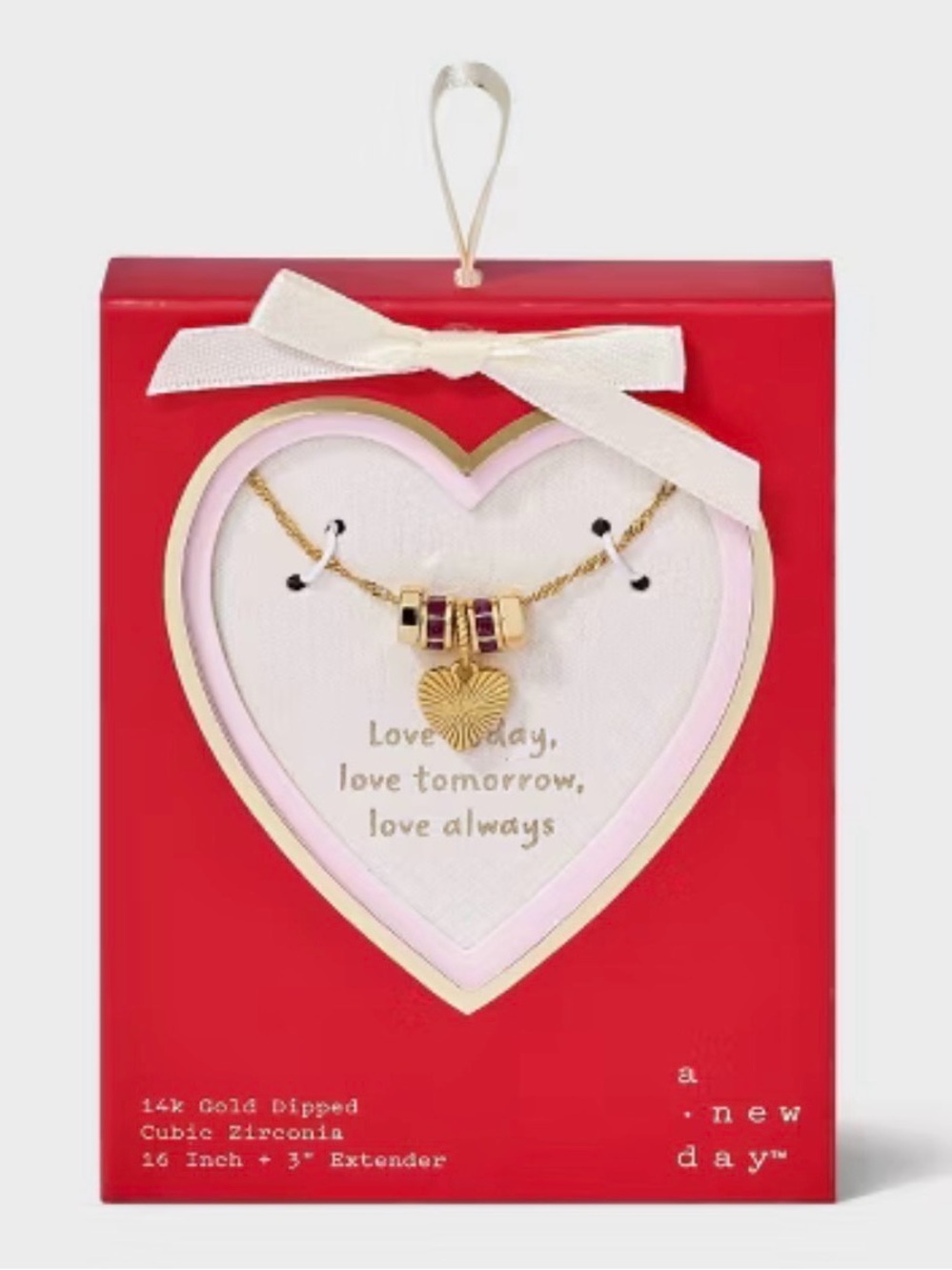 a new day 14K Gold Dipped Cubic Zirconia Heart Charm Necklace Pink Accents NWT